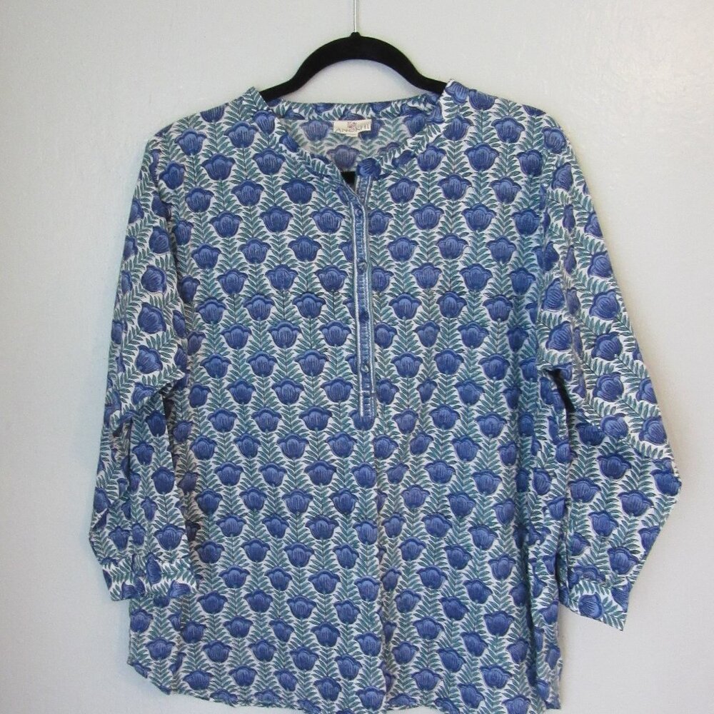 ANOKHI Blue Floral XXL 3/4 Button Cotton Blouse